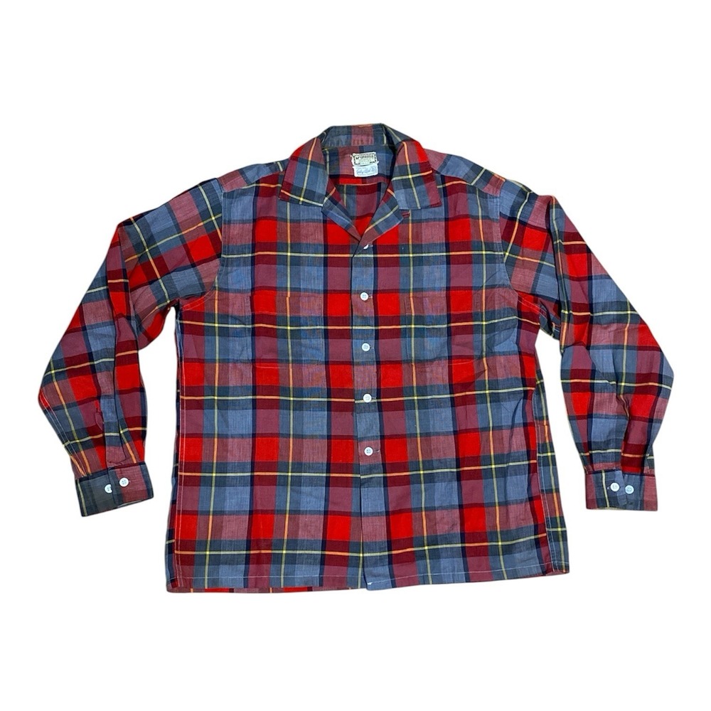 Vtg 60s 70s McGregor Loop Collar Plaid Flannel Shirt Size Large 16.5-17 Tartan